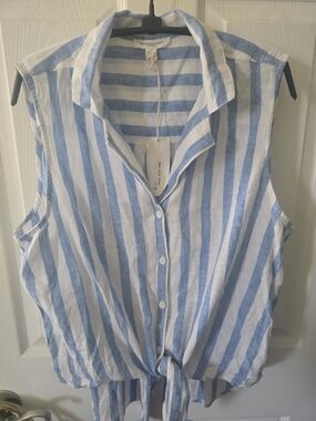 Beach Lunch Lounge Brand Blue and White Striped Sleeveless Tie-Front Blouse